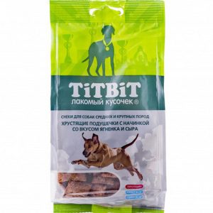 Титбит Хрустящие подушечки с начинкой со вкусом ягненка и сыра д/круп. и сред. пород 95г.