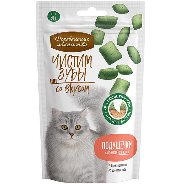 0026668.jpg Деревенские лакомства Чистим зубы для кошек Подушечки с кремом из лосося, 30г — изображение 1