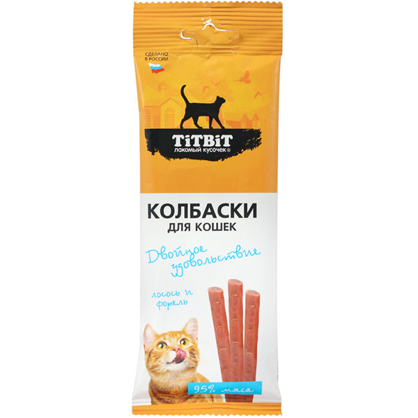 0029162.jpg Титбит Колбаски Двойное удовольствие для кошек с лососем и форелью 45г — изображение 1